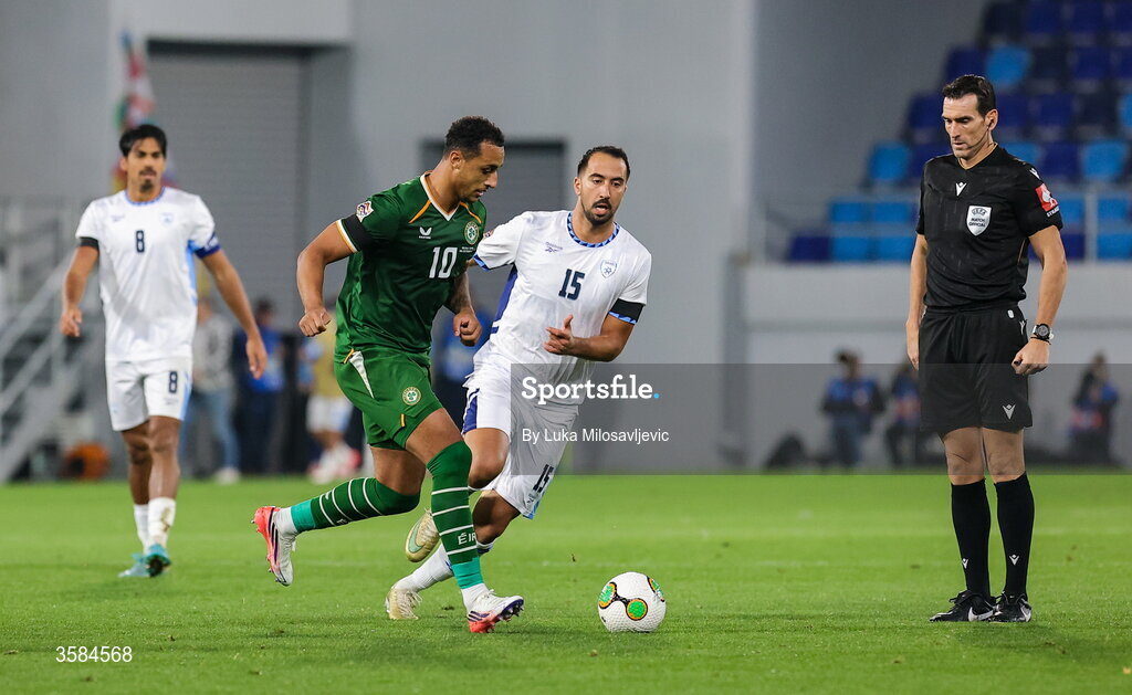 4 October 2026; Adam Idah of Republic of Ireland /iss Eliel Peretz of Israel during the UEFA Nations League B match between the Republic of Ireland and Israel at TSC Arena in Backa Topola, Serbia. Photo by Luka Milosavljevic/Sportsfile