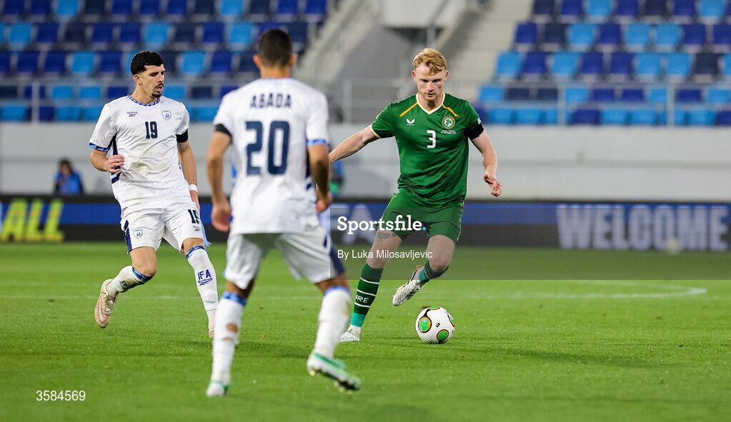 4 October 2026; Liam Scales of Republic of Ireland in action against Dor Turgeman of Israel during the UEFA Nations League B match between the Republic of Ireland and Israel at TSC Arena in Backa Topola, Serbia. Photo by Luka Milosavljevic/Sportsfile