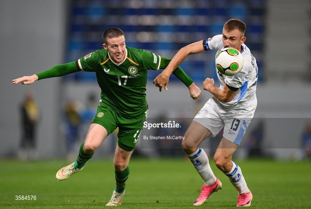 4 October 2026; Jack Moylan of Republic of Ireland is tackled by Nikita Stoinov of Israel during the UEFA Nations League B match between the Republic of Ireland and Israel at TSC Arena in Backa Topola, Serbia. Photo by Stephen McCarthy/Sportsfile