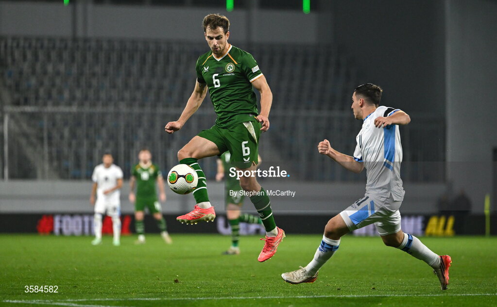 4 October 2026; Jayson Molumby of Republic of Ireland in action against Oscar Gloukh of Israel during the UEFA Nations League B match between the Republic of Ireland and Israel at TSC Arena in Backa Topola, Serbia. Photo by Stephen McCarthy/Sportsfile