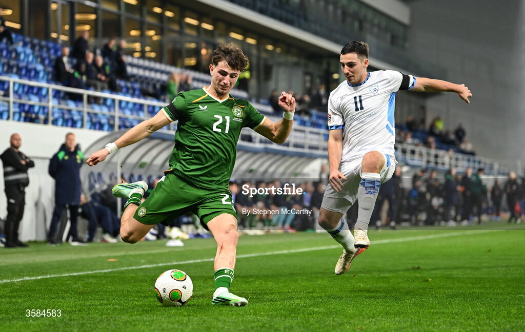 4 October 2026; Rocco Vata of Republic of Ireland in action against Oscar Gloukh of Israel during the UEFA Nations League B match between the Republic of Ireland and Israel at TSC Arena in Backa Topola, Serbia. Photo by Stephen McCarthy/Sportsfile