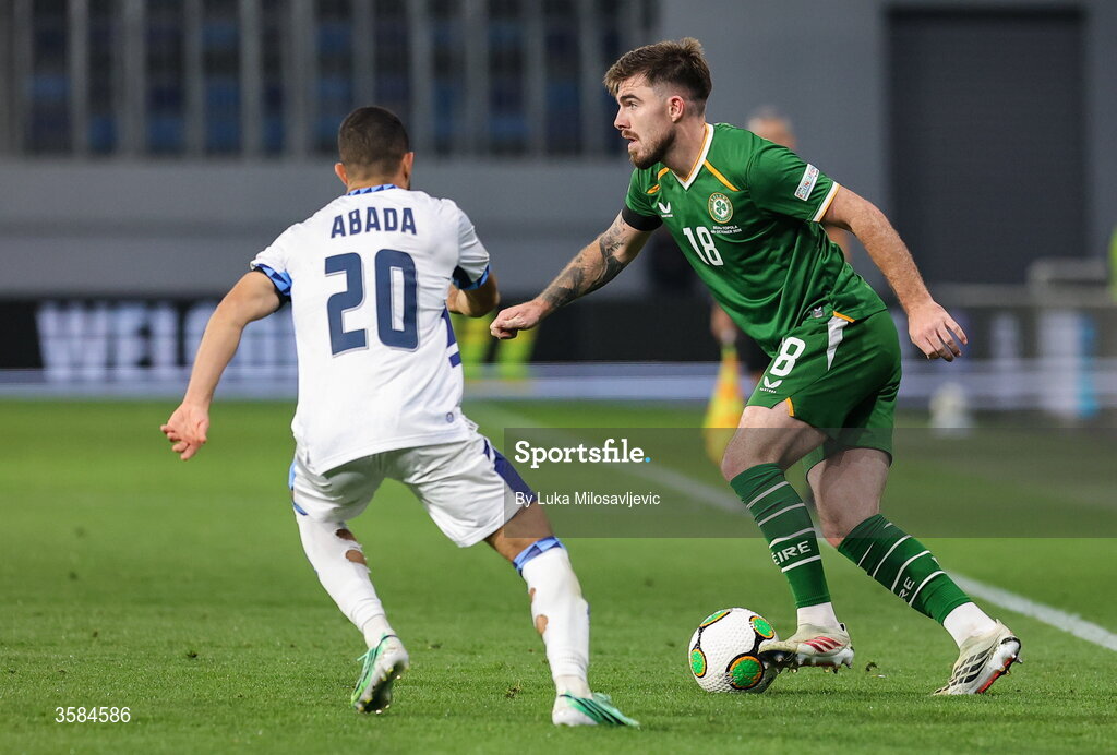 4 October 2026; Ryan Manning of Republic of Ireland in action against Liel Abada of Israel during the UEFA Nations League B match between the Republic of Ireland and Israel at TSC Arena in Backa Topola, Serbia. Photo by Luka Milosavljevic/Sportsfile
