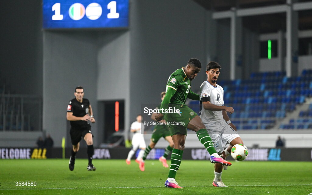 4 October 2026; Chiedozie Ogbene of Republic of Ireland has a shot on goal during the UEFA Nations League B match between the Republic of Ireland and Israel at TSC Arena in Backa Topola, Serbia. Photo by Stephen McCarthy/Sportsfile