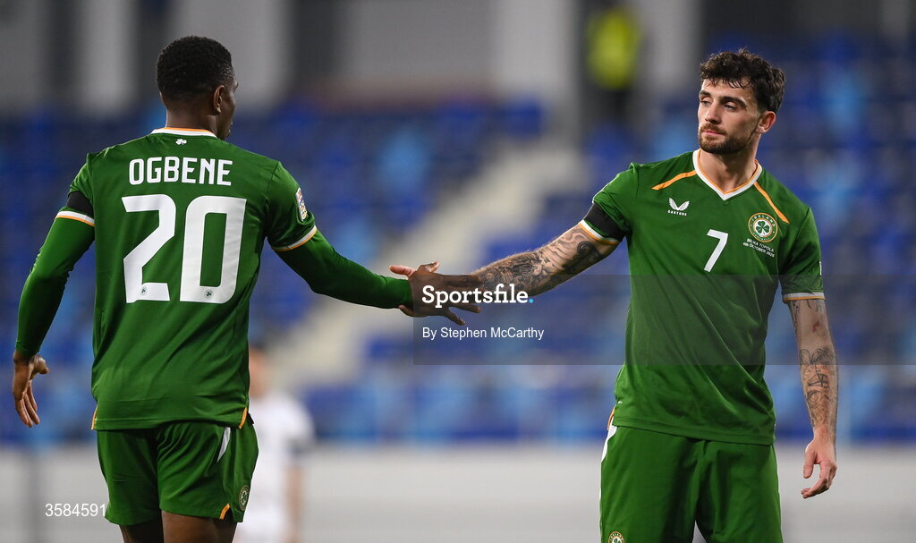 4 October 2026; Troy Parrott, right, and Chiedozie Ogbene of Republic of Ireland during the UEFA Nations League B match between the Republic of Ireland and Israel at TSC Arena in Backa Topola, Serbia. Photo by Stephen McCarthy/Sportsfile