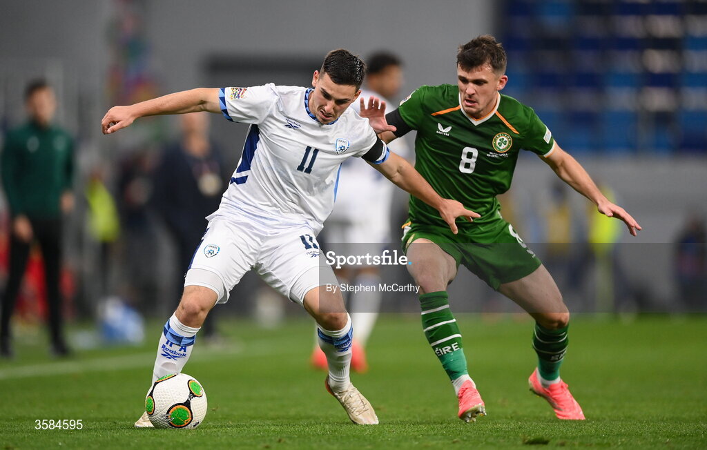 4 October 2026; Oscar Gloukh of Israel is tackled by Jason Knight of Republic of Ireland during the UEFA Nations League B match between the Republic of Ireland and Israel at TSC Arena in Backa Topola, Serbia. Photo by Stephen McCarthy/Sportsfile