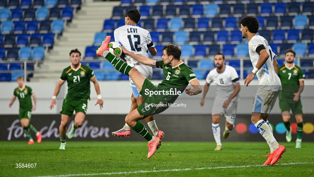 4 October 2026; Jayson Molumby of Republic of Ireland in action against Yarin Levi of Israel during the UEFA Nations League B match between the Republic of Ireland and Israel at TSC Arena in Backa Topola, Serbia. Photo by Stephen McCarthy/Sportsfile