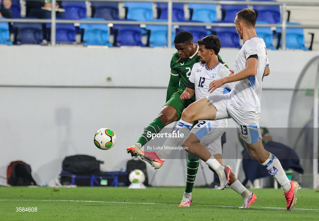 4 October 2026; Chiedozie Ogbene of Republic of Ireland has a shot on goal during the UEFA Nations League B match between the Republic of Ireland and Israel at TSC Arena in Backa Topola, Serbia. Photo by Luka Milosavljevic/Sportsfile
