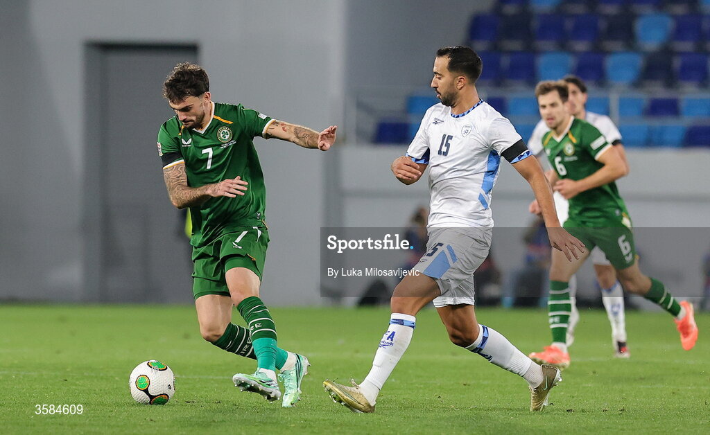 4 October 2026; Troy Parrott of Republic of Ireland in action against Eliel Peretz of Israel during the UEFA Nations League B match between the Republic of Ireland and Israel at TSC Arena in Backa Topola, Serbia. Photo by Luka Milosavljevic/Sportsfile