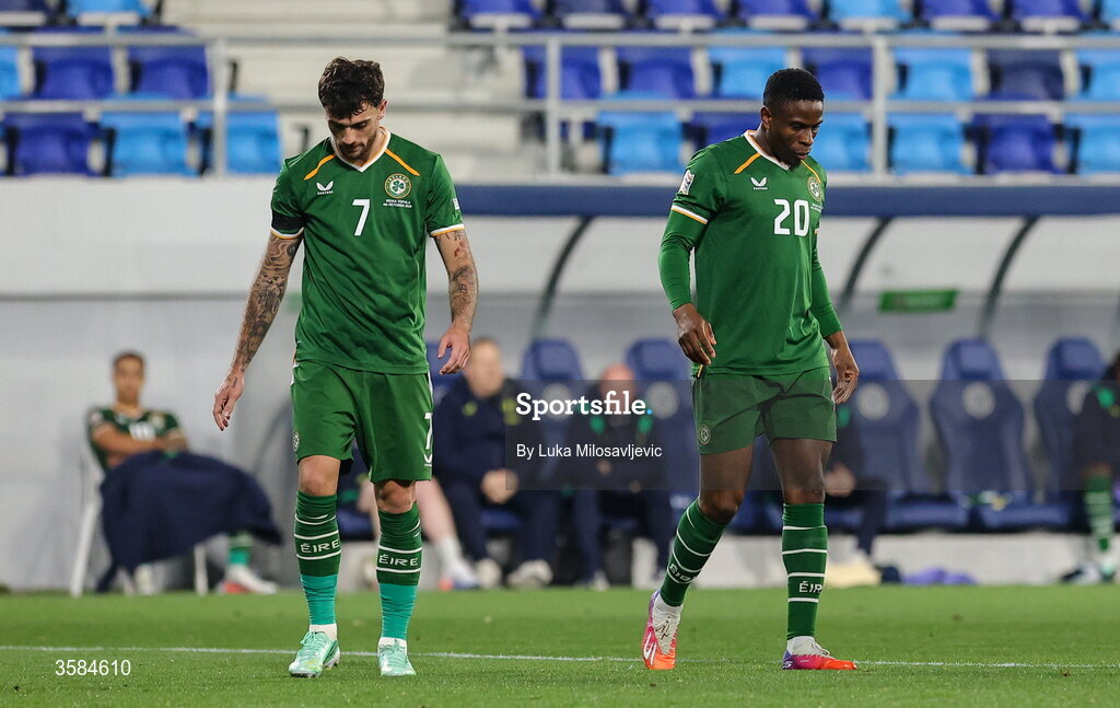 4 October 2026; Troy Parrott, left, and Chiedozie Ogbene of Republic of Ireland during the UEFA Nations League B match between the Republic of Ireland and Israel at TSC Arena in Backa Topola, Serbia. Photo by Luka Milosavljevic/Sportsfile