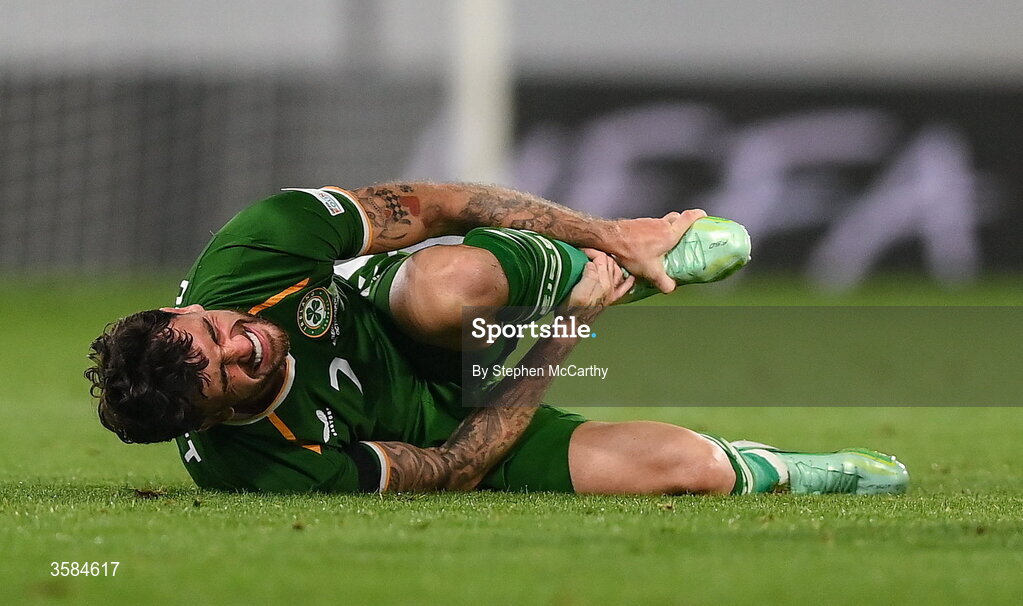4 October 2026; Troy Parrott of Republic of Ireland holds his foot after being fouled during the UEFA Nations League B match between the Republic of Ireland and Israel at TSC Arena in Backa Topola, Serbia. Photo by Stephen McCarthy/Sportsfile
