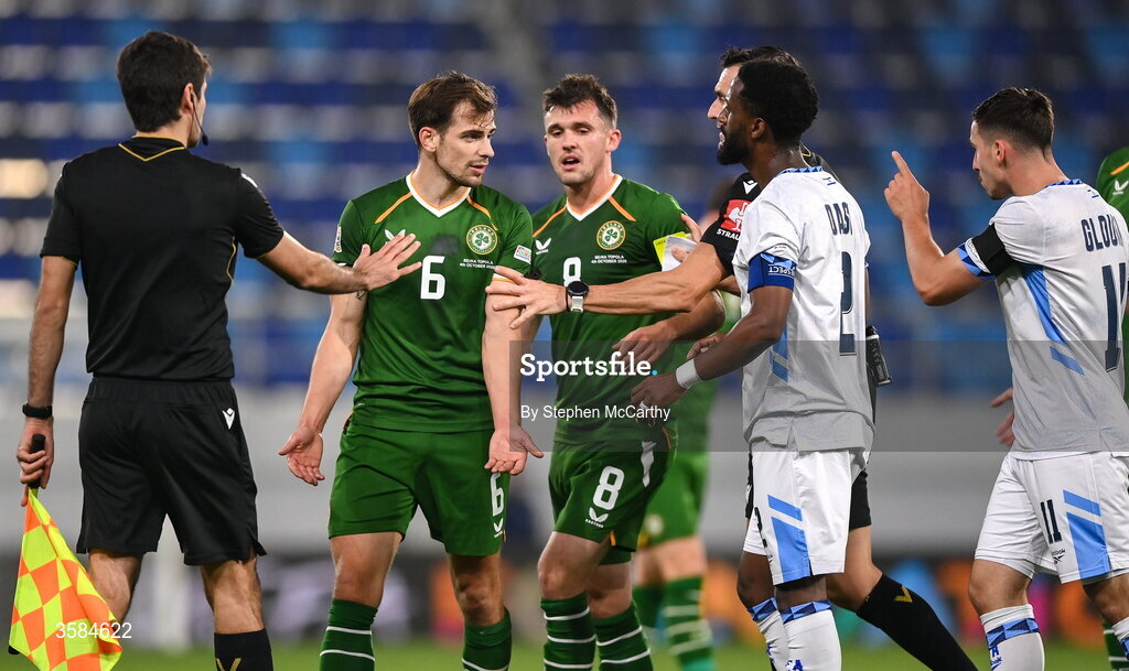 4 October 2026; Jayson Molumby and Jason Knight of Republic of Ireland argue with Eli Dasa and Oscar Gloukh of Israel after the final whistle of the UEFA Nations League B match between the Republic of Ireland and Israel at TSC Arena in Backa Topola, Serbia. Photo by Stephen McCarthy/Sportsfile