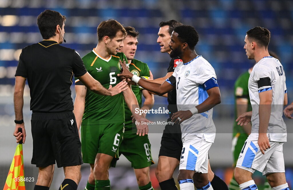4 October 2026; Jayson Molumby and Jason Knight of Republic of Ireland argue with Eli Dasa and Oscar Gloukh of Israel after the final whistle of the UEFA Nations League B match between the Republic of Ireland and Israel at TSC Arena in Backa Topola, Serbia. Photo by Stephen McCarthy/Sportsfile