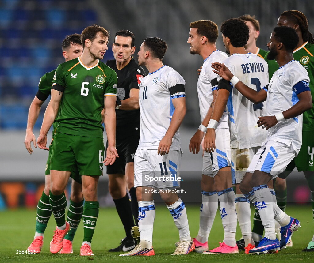 4 October 2026; Jayson Molumby of Republic of Ireland and Oscar Gloukh of Israel are separated by referee Juan Martínez Munuera after the final whistle of the UEFA Nations League B match between the Republic of Ireland and Israel at TSC Arena in Backa Topola, Serbia. Photo by Stephen McCarthy/Sportsfile