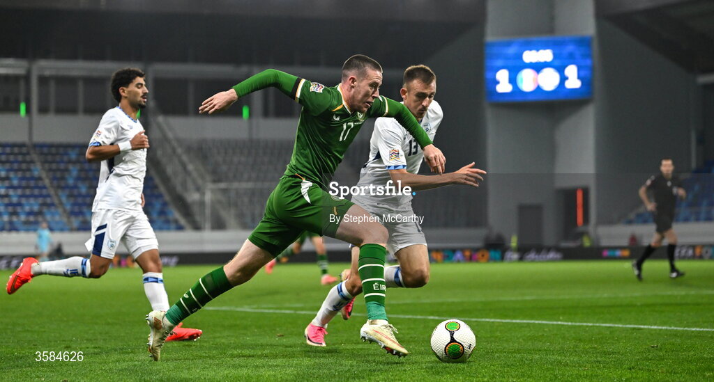 4 October 2026; Jack Moylan of Republic of Ireland in action against Nikita Stoinov of Israel during the UEFA Nations League B match between the Republic of Ireland and Israel at TSC Arena in Backa Topola, Serbia. Photo by Stephen McCarthy/Sportsfile