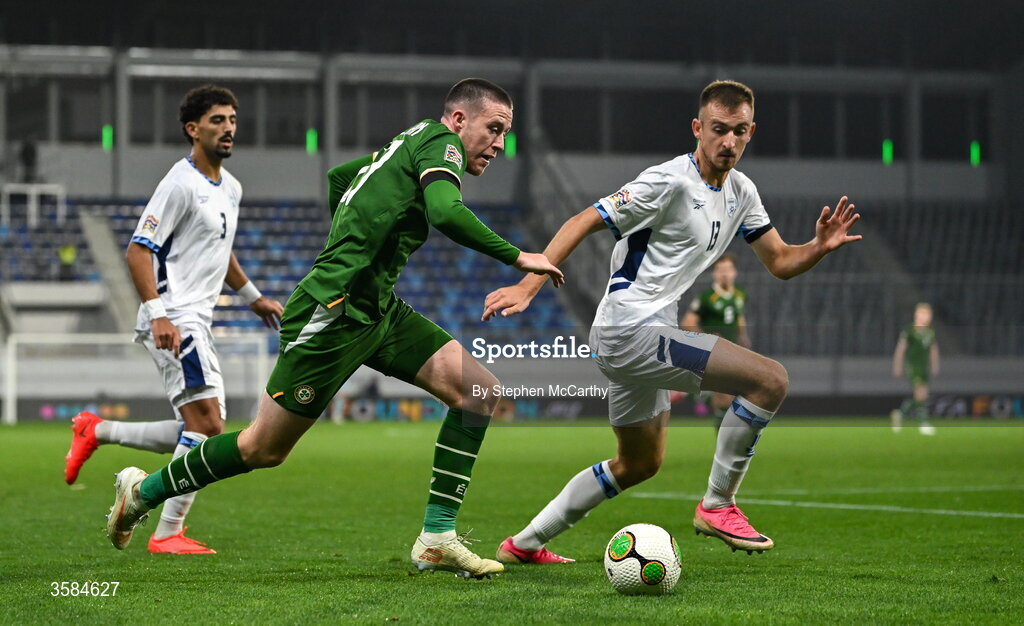 4 October 2026; Jack Moylan of Republic of Ireland in action against Nikita Stoinov of Israel during the UEFA Nations League B match between the Republic of Ireland and Israel at TSC Arena in Backa Topola, Serbia. Photo by Stephen McCarthy/Sportsfile