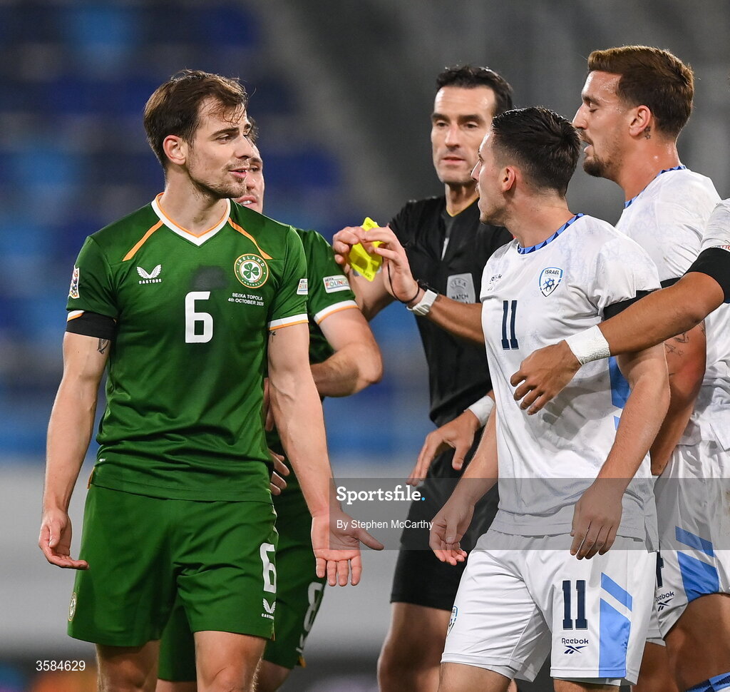 4 October 2026; Jayson Molumby of Republic of Ireland argues with Oscar Gloukh of Israel after the final whistle of the UEFA Nations League B match between the Republic of Ireland and Israel at TSC Arena in Backa Topola, Serbia. Photo by Stephen McCarthy/Sportsfile