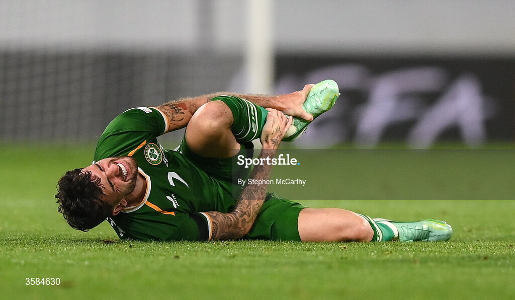 4 October 2026; Troy Parrott of Republic of Ireland holds his foot after being fouled during the UEFA Nations League B match between the Republic of Ireland and Israel at TSC Arena in Backa Topola, Serbia. Photo by Stephen McCarthy/Sportsfile