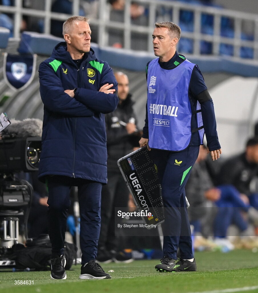 4 October 2026; Republic of Ireland head of athletic performance Damien Doyle, right, and Republic of Ireland head coach Heimir Hallgrimsson during the UEFA Nations League B match between the Republic of Ireland and Israel at TSC Arena in Backa Topola, Serbia. Photo by Stephen McCarthy/Sportsfile