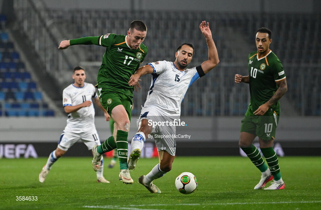 4 October 2026; Jack Moylan of Republic of Ireland in action against Eliel Peretz of Israel during the UEFA Nations League B match between the Republic of Ireland and Israel at TSC Arena in Backa Topola, Serbia. Photo by Stephen McCarthy/Sportsfile