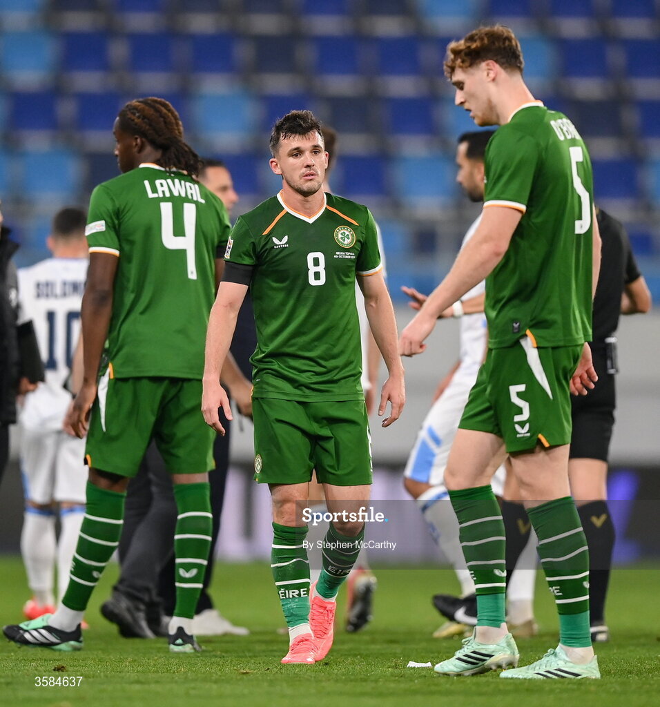 4 October 2026; Jason Knight of Republic of Ireland, centre, after the UEFA Nations League B match between the Republic of Ireland and Israel at TSC Arena in Backa Topola, Serbia. Photo by Stephen McCarthy/Sportsfile