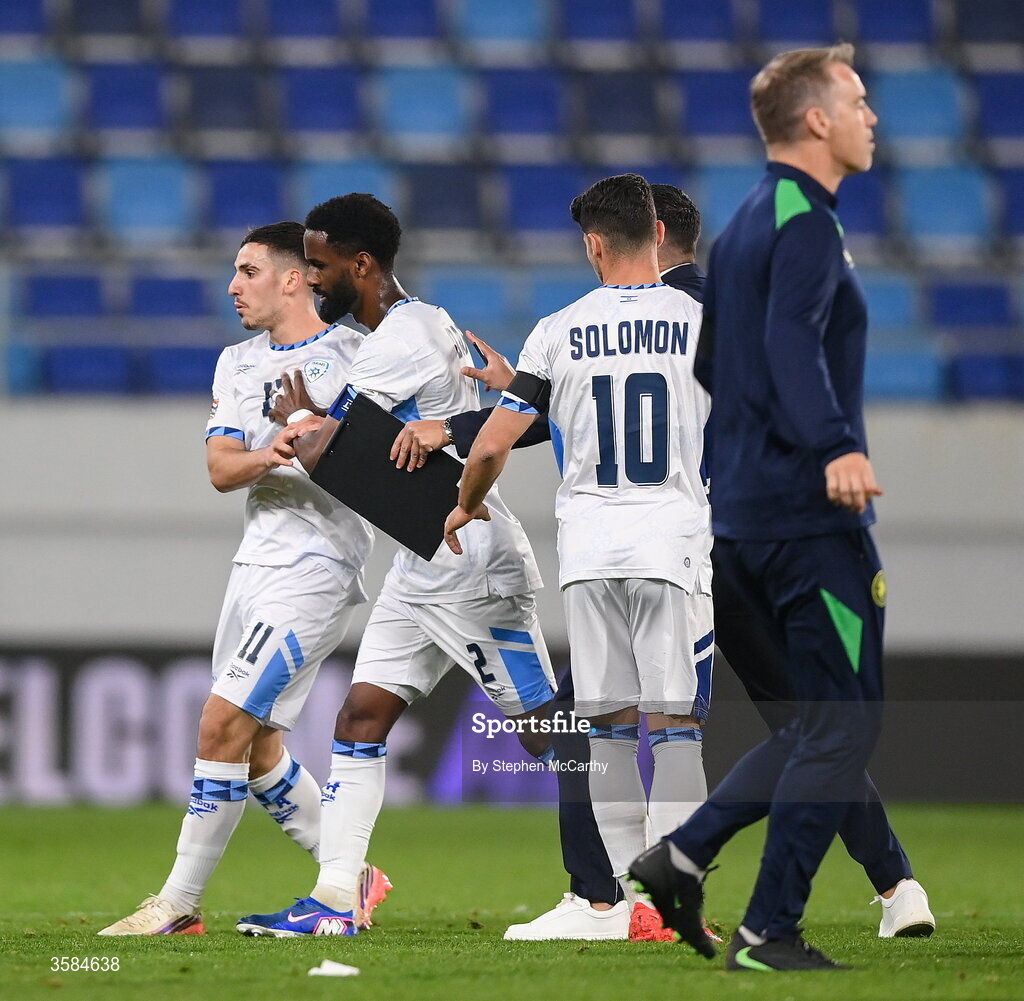 4 October 2026; Oscar Gloukh of Israel is restrained by teammate Eli Dasa after the final whistle of the UEFA Nations League B match between the Republic of Ireland and Israel at TSC Arena in Backa Topola, Serbia. Photo by Stephen McCarthy/Sportsfile