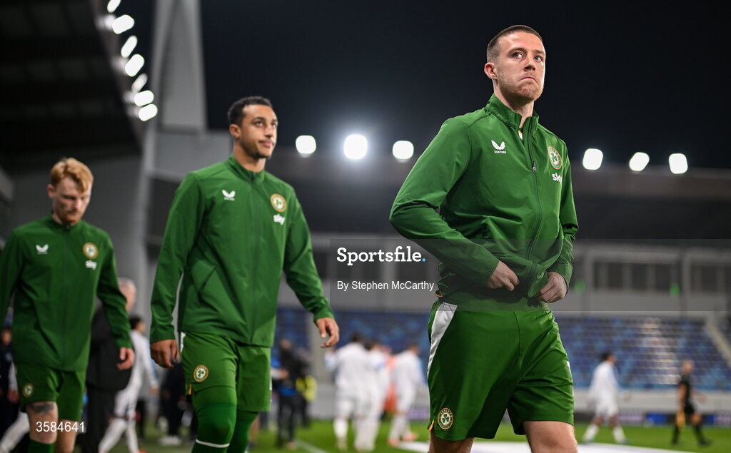 4 October 2026; Jack Moylan of Republic of Ireland, right, before the UEFA Nations League B match between the Republic of Ireland and Israel at TSC Arena in Backa Topola, Serbia. Photo by Stephen McCarthy/Sportsfile