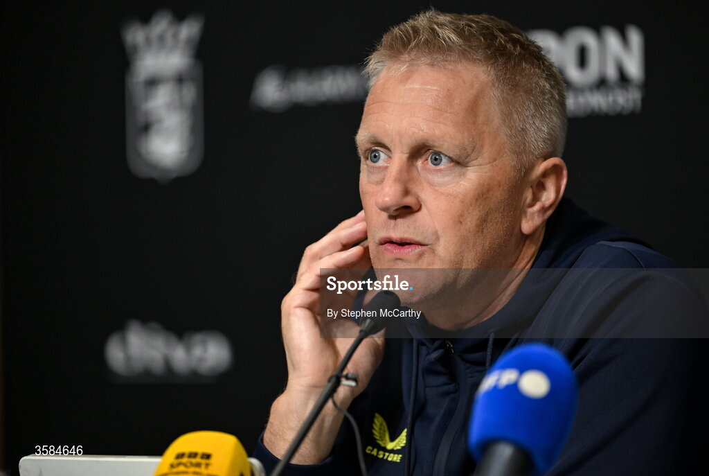 4 October 2026; Republic of Ireland head coach Heimir Hallgrimsson during the post-match press conference following the UEFA Nations League B match between the Republic of Ireland and Israel at TSC Arena in Backa Topola, Serbia. Photo by Stephen McCarthy/Sportsfile