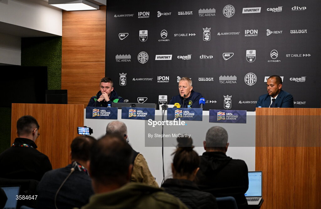 4 October 2026; Republic of Ireland head coach Heimir Hallgrimsson, centre, during the post-match press conference following the UEFA Nations League B match between the Republic of Ireland and Israel at TSC Arena in Backa Topola, Serbia. Photo by Stephen McCarthy/Sportsfile