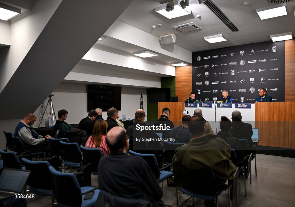 4 October 2026; Republic of Ireland head coach Heimir Hallgrimsson, centre, during the post-match press conference following the UEFA Nations League B match between the Republic of Ireland and Israel at TSC Arena in Backa Topola, Serbia. Photo by Stephen McCarthy/Sportsfile