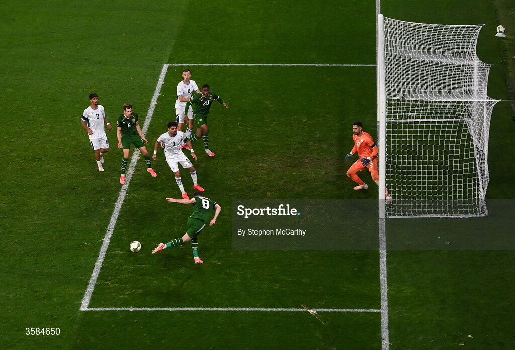4 October 2026; Jason Knight of Republic of Ireland heads the ball across the goal during the UEFA Nations League B match between the Republic of Ireland and Israel at TSC Arena in Backa Topola, Serbia. Photo by Stephen McCarthy/Sportsfile