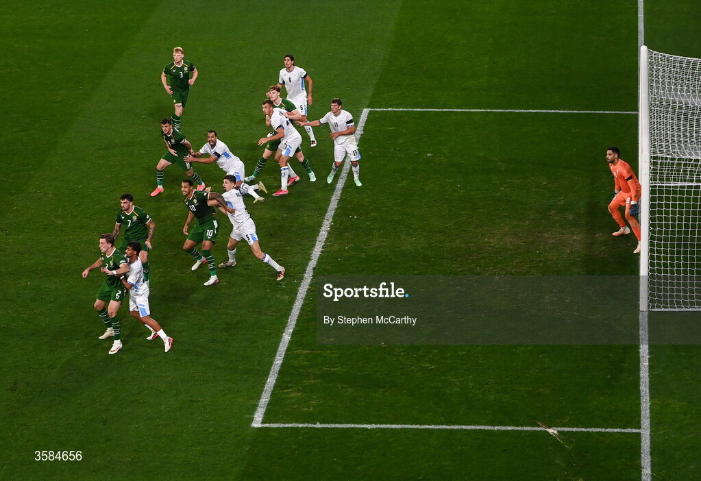 4 October 2026; Republic of Ireland players attack and Israel players defend a set-piece during the UEFA Nations League B match between the Republic of Ireland and Israel at TSC Arena in Backa Topola, Serbia. Photo by Stephen McCarthy/Sportsfile