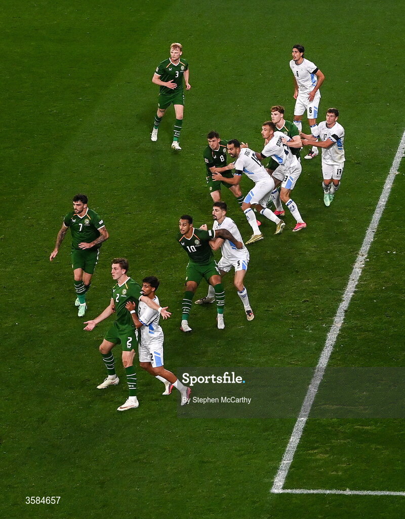 4 October 2026; Republic of Ireland players attack and Israel players defend a set-piece during the UEFA Nations League B match between the Republic of Ireland and Israel at TSC Arena in Backa Topola, Serbia. Photo by Stephen McCarthy/Sportsfile