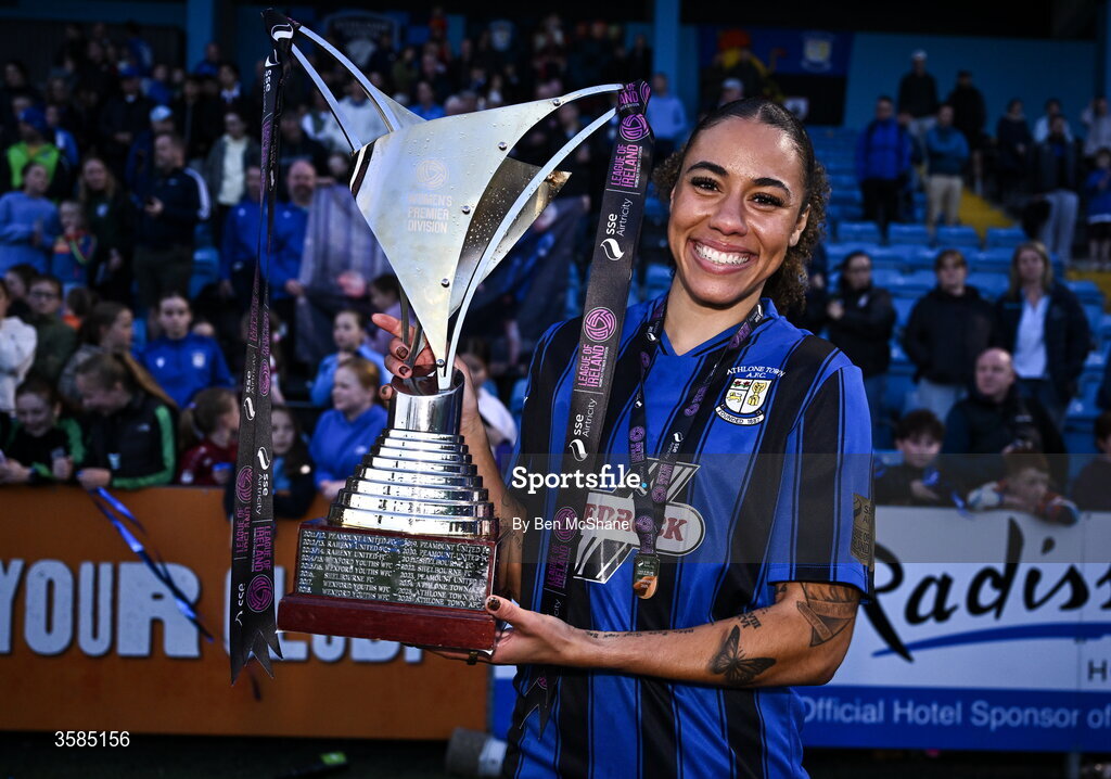 3 October 2026; Kelis Barton of Athlone Town with the SSE Airtricity Women's Premier Division trophy after the SSE Airtricity Women's Premier Division match between Athlone Town and Galway United at Athlone Town Stadium in Lissywollen, Athlone, Westmeath. Photo by Ben McShane/Sportsfile