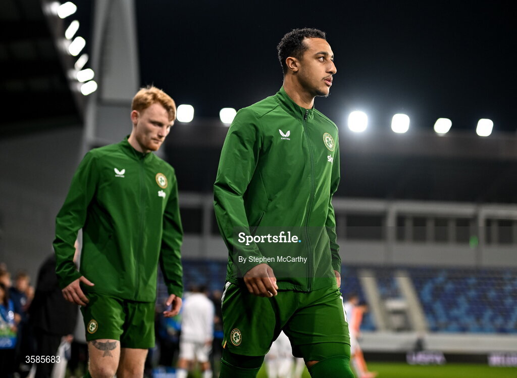 4 October 2026; Adam Idah and Liam Scales, left, of Republic of Ireland walk out for the UEFA Nations League B match between the Republic of Ireland and Israel at TSC Arena in Backa Topola, Serbia. Photo by Stephen McCarthy/Sportsfile
