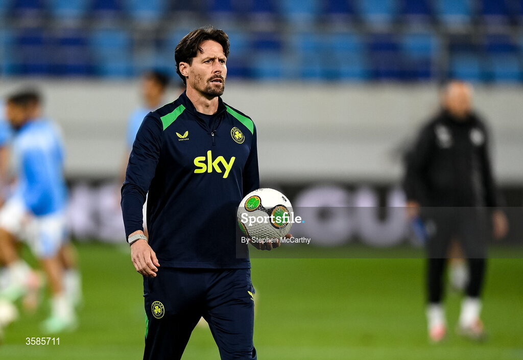 4 October 2026; Republic of Ireland assistant coach Paddy McCarthy during the warm up before the UEFA Nations League B match between the Republic of Ireland and Israel at TSC Arena in Backa Topola, Serbia. Photo by Stephen McCarthy/Sportsfile