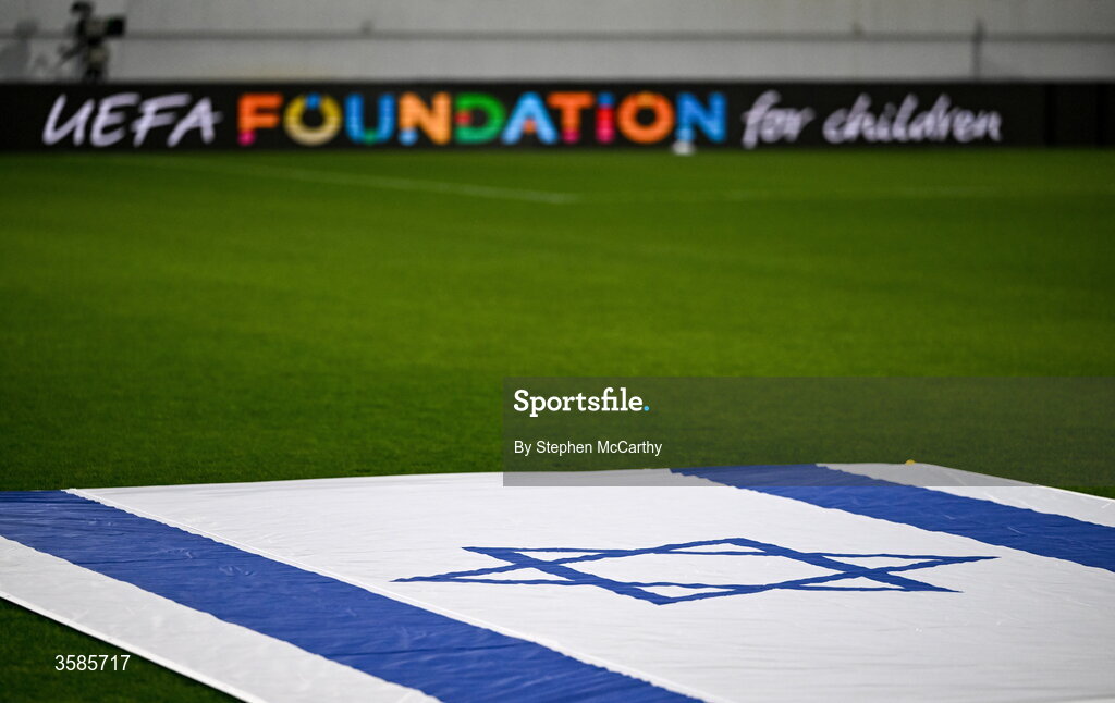 4 October 2026; The flag of Israel and a UEFA Foundation sign are seen inside the ground before the UEFA Nations League B match between the Republic of Ireland and Israel at TSC Arena in Backa Topola, Serbia. Photo by Stephen McCarthy/Sportsfile