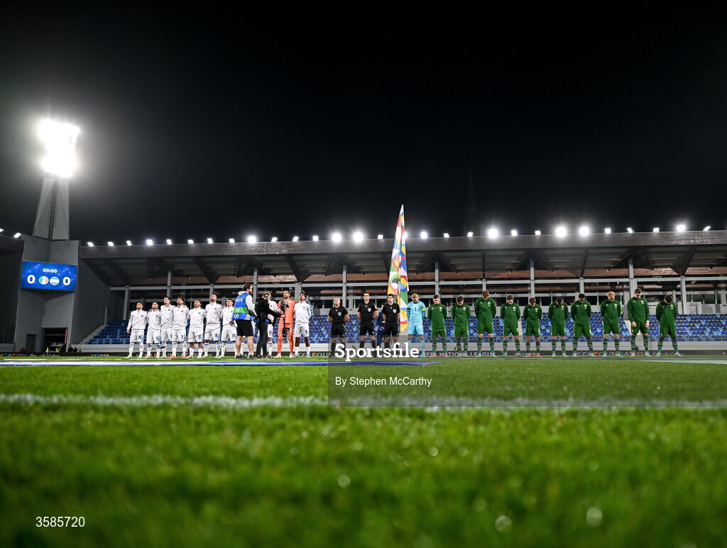 4 October 2026; The Republic of Ireland team, wearing black armbands in recognition for all the lives lost in the conflict in Gaza, bow their heads during the Israeli national anthem before the UEFA Nations League B match between the Republic of Ireland and Israel at TSC Arena in Backa Topola, Serbia. Photo by Stephen McCarthy/Sportsfile Photo by Stephen McCarthy/Sportsfile