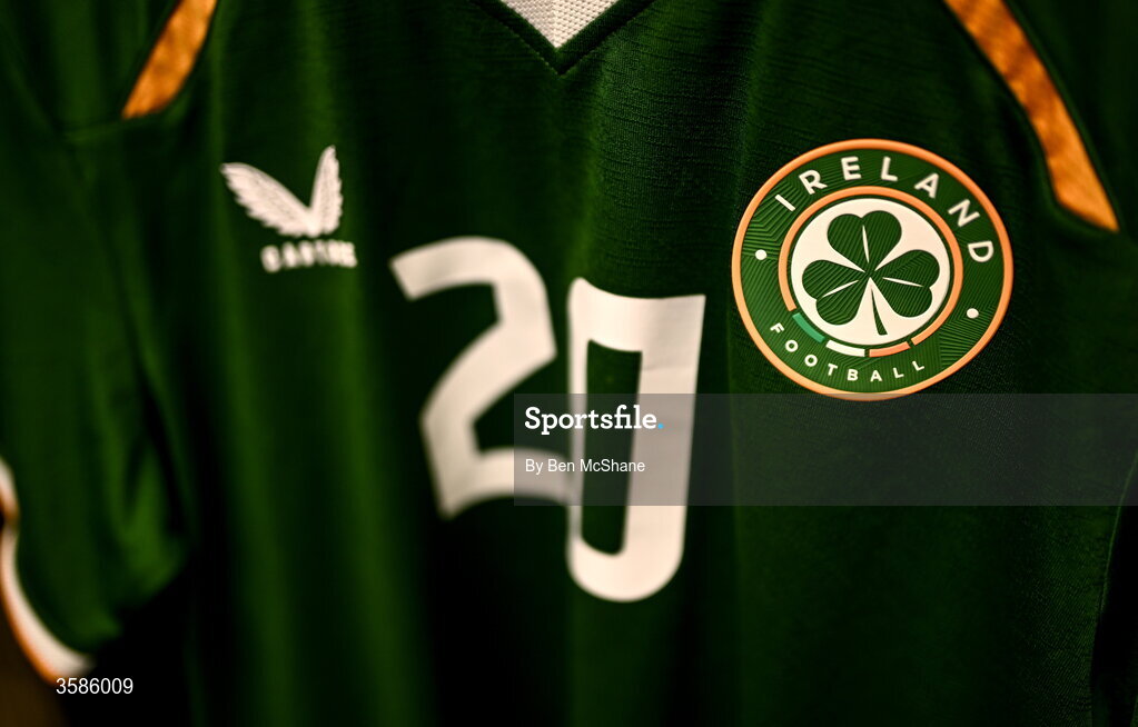 6 October 2026; The jersey of Adam Brennan hangs in the Republic of Ireland dressing room before the UEFA European U21 Championship qualifier match between the Republic of Ireland and England at Turner's Cross Stadium in Cork. Photo by Ben McShane/Sportsfile
