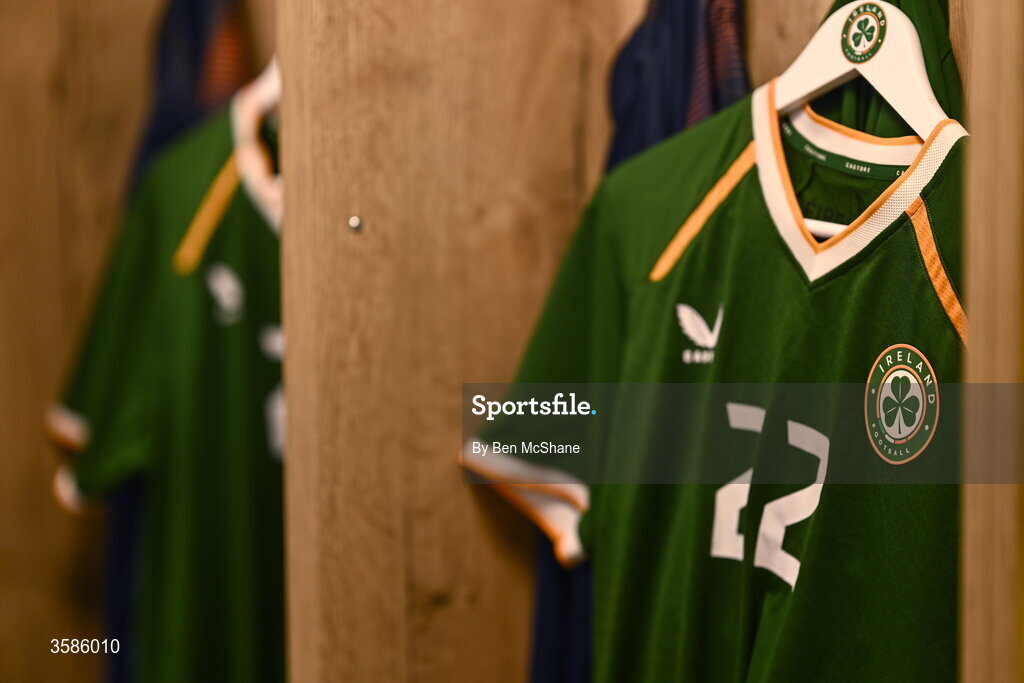 6 October 2026; The jersey of Oisin Gallagher hangs in the Republic of Ireland dressing room before the UEFA European U21 Championship qualifier match between the Republic of Ireland and England at Turner's Cross Stadium in Cork. Photo by Ben McShane/Sportsfile