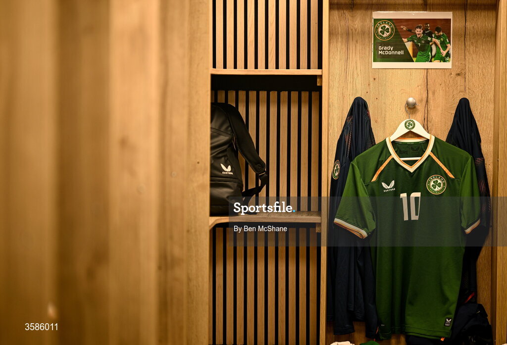 6 October 2026; The jersey of Grady McDonnell hangs in the Republic of Ireland dressing room before the UEFA European U21 Championship qualifier match between the Republic of Ireland and England at Turner's Cross Stadium in Cork. Photo by Ben McShane/Sportsfile