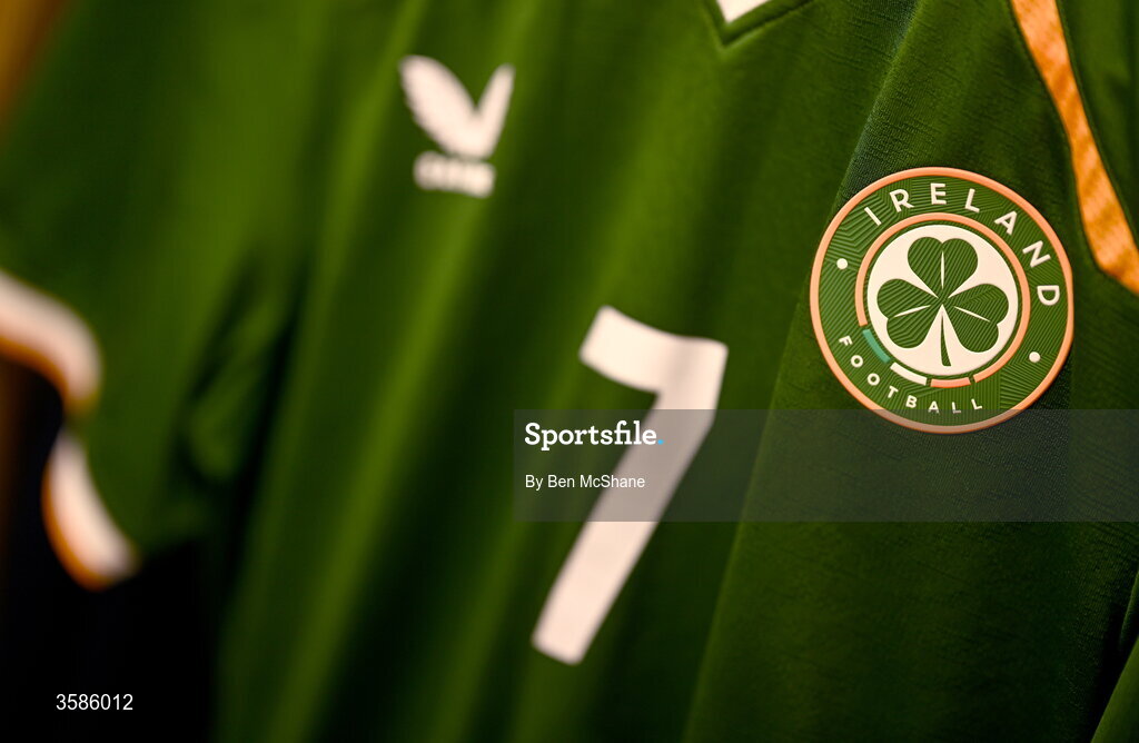 6 October 2026; The jersey of Trent Kone-Doherty hangs in the Republic of Ireland dressing room before the UEFA European U21 Championship qualifier match between the Republic of Ireland and England at Turner's Cross Stadium in Cork. Photo by Ben McShane/Sportsfile