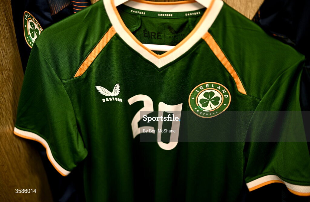 6 October 2026; The jersey of Adam Brennan hangs in the Republic of Ireland dressing room before the UEFA European U21 Championship qualifier match between the Republic of Ireland and England at Turner's Cross Stadium in Cork. Photo by Ben McShane/Sportsfile