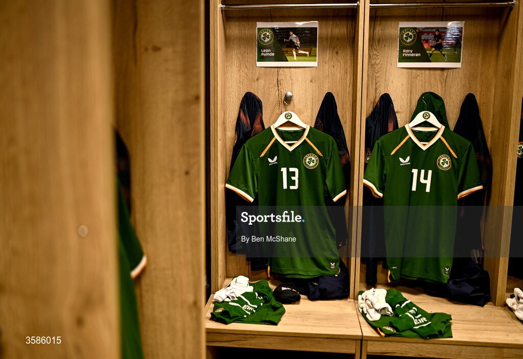 6 October 2026; The jerseys of Leon Ayinde, left, and Rory Finneran hang in the Republic of Ireland dressing room before the UEFA European U21 Championship qualifier match between the Republic of Ireland and England at Turner's Cross Stadium in Cork. Photo by Ben McShane/Sportsfile