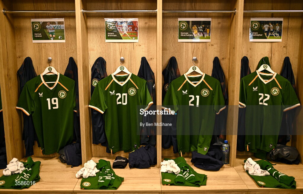 6 October 2026; The jerseys of, from left, Darius Lipsiuc, Adam Brennan, Romeo Akachukwu and Oisin Gallagher hang in the Republic of Ireland dressing room before the UEFA European U21 Championship qualifier match between the Republic of Ireland and England at Turner's Cross Stadium in Cork. Photo by Ben McShane/Sportsfile
