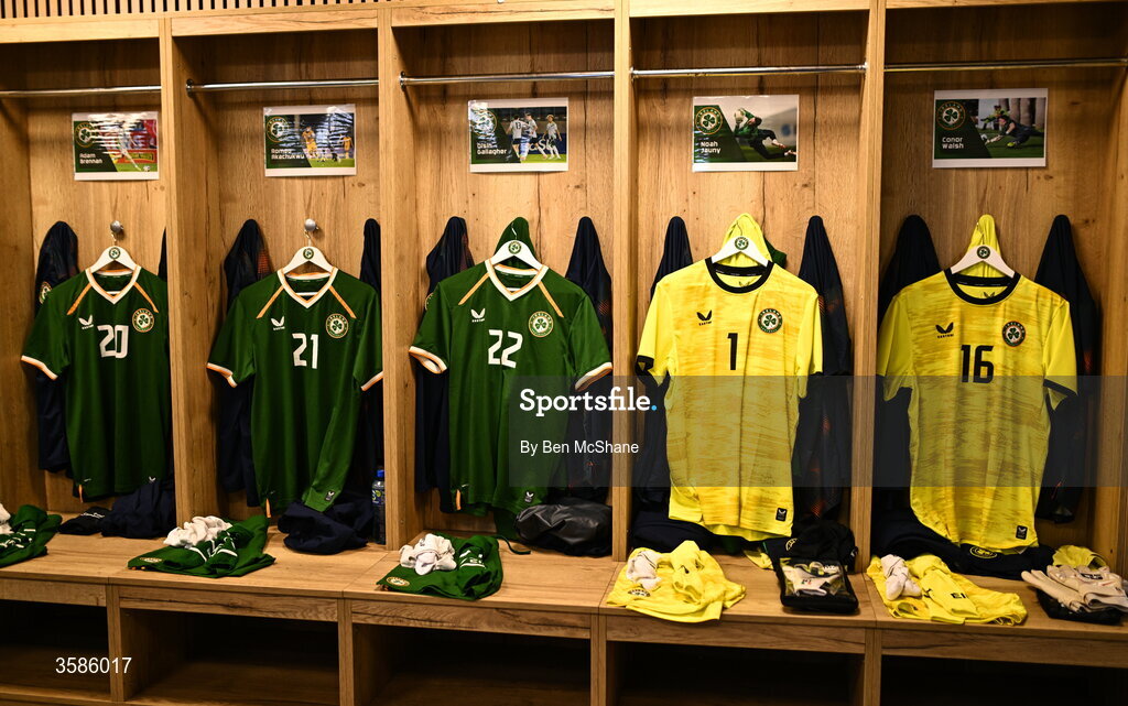 6 October 2026; The jerseys of, from left, Adam Brennan, Romeo Akachukwu, Oisin Gallagher, and goalkeepers, Noah Jauny and Conor Walsh hang in the Republic of Ireland dressing room before the UEFA European U21 Championship qualifier match between the Republic of Ireland and England at Turner's Cross Stadium in Cork. Photo by Ben McShane/Sportsfile