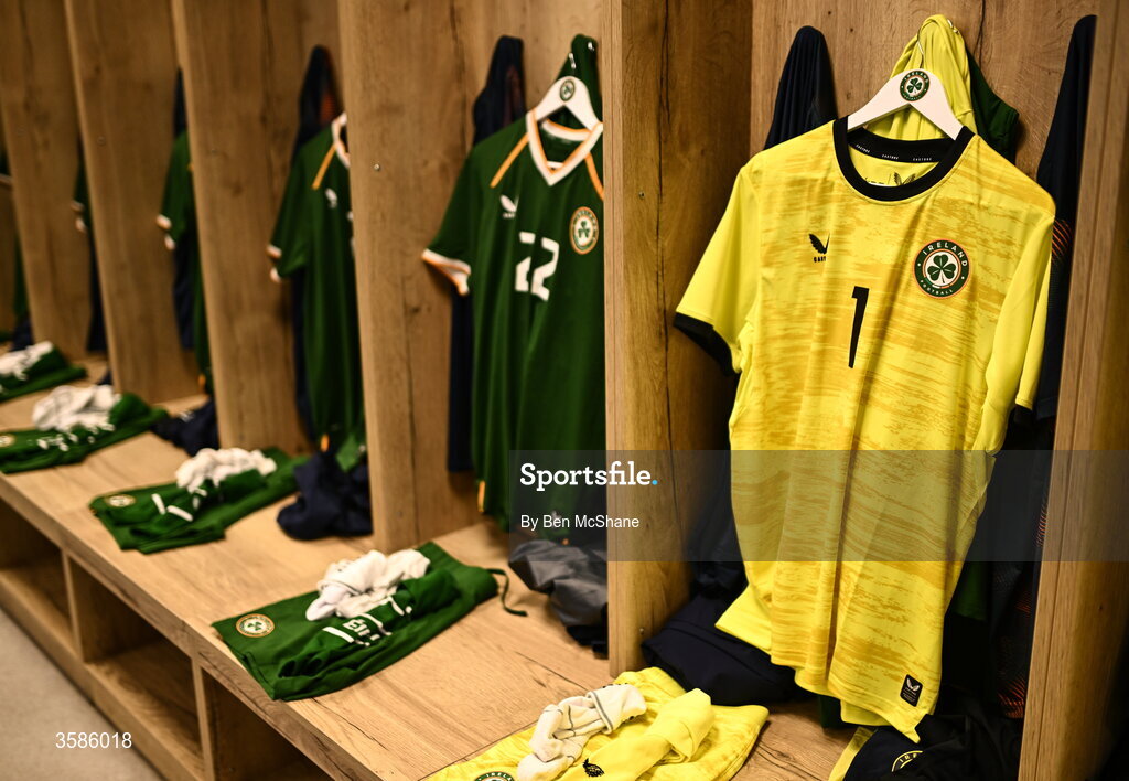 6 October 2026; The jersey of goalkeeper Noah Jauny hangs in the Republic of Ireland dressing room before the UEFA European U21 Championship qualifier match between the Republic of Ireland and England at Turner's Cross Stadium in Cork. Photo by Ben McShane/Sportsfile
