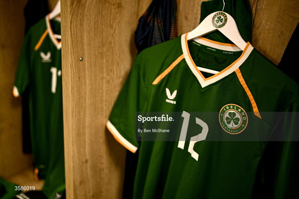 6 October 2026; The jersey of Cathal McCarthy hangs in the Republic of Ireland dressing room before the UEFA European U21 Championship qualifier match between the Republic of Ireland and England at Turner's Cross Stadium in Cork. Photo by Ben McShane/Sportsfile