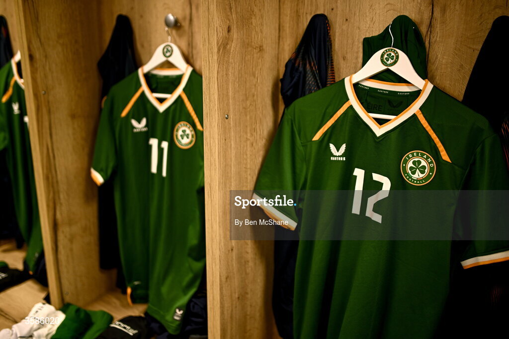 6 October 2026; The jerseys of Ikechukwu Orazi, left, and Cathal McCarthy hang in the Republic of Ireland dressing room before the UEFA European U21 Championship qualifier match between the Republic of Ireland and England at Turner's Cross Stadium in Cork. Photo by Ben McShane/Sportsfile