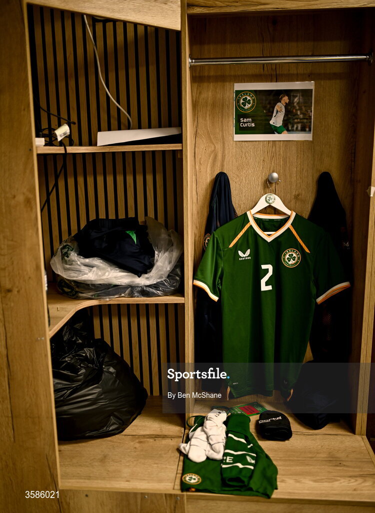 6 October 2026; The jersey of Sam Curtis hangs in the Republic of Ireland dressing room before the UEFA European U21 Championship qualifier match between the Republic of Ireland and England at Turner's Cross Stadium in Cork. Photo by Ben McShane/Sportsfile