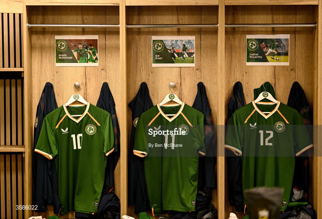 6 October 2026; The jerseys of, from left, Grady McDonnell, Ikechukwu Orazi and Cathal McCarthy hang in the Republic of Ireland dressing room before the UEFA European U21 Championship qualifier match between the Republic of Ireland and England at Turner's Cross Stadium in Cork. Photo by Ben McShane/Sportsfile